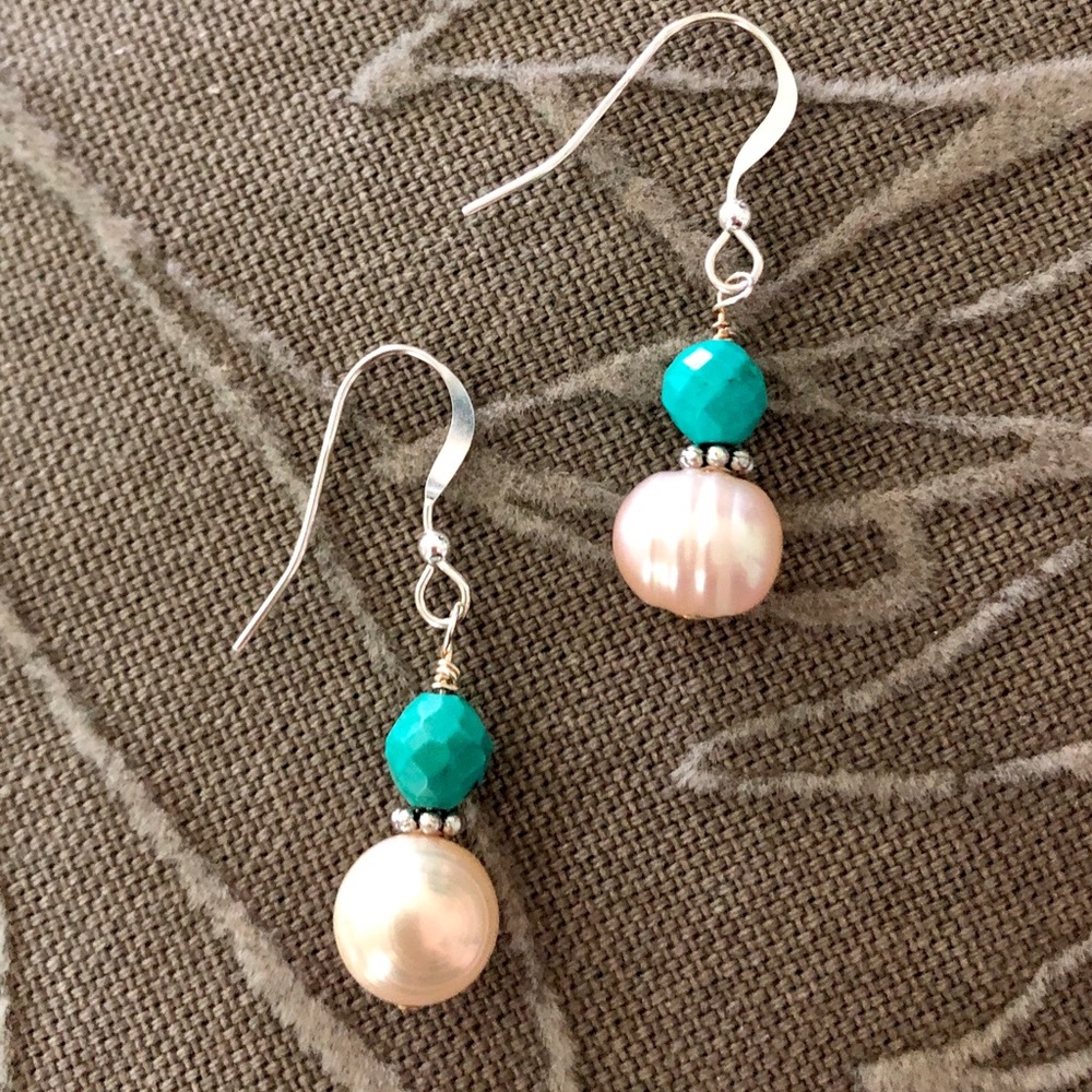 Women's earrings: Amazonite beads & freshwater pearl on SS ear wires.